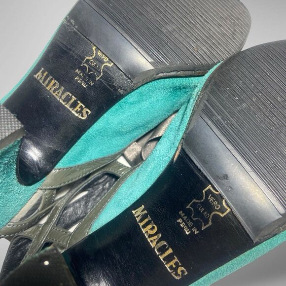 JOHN FLUEVOG Miracles Fatima Open toe Pump Heels Shoes Women Sz 7 Turquoise Grey - Picture 10 of 11